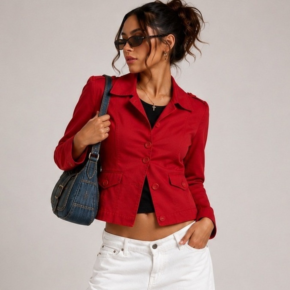 Red Cotton Blend Utility Jacket Cropped Trench Y2K Military Style L